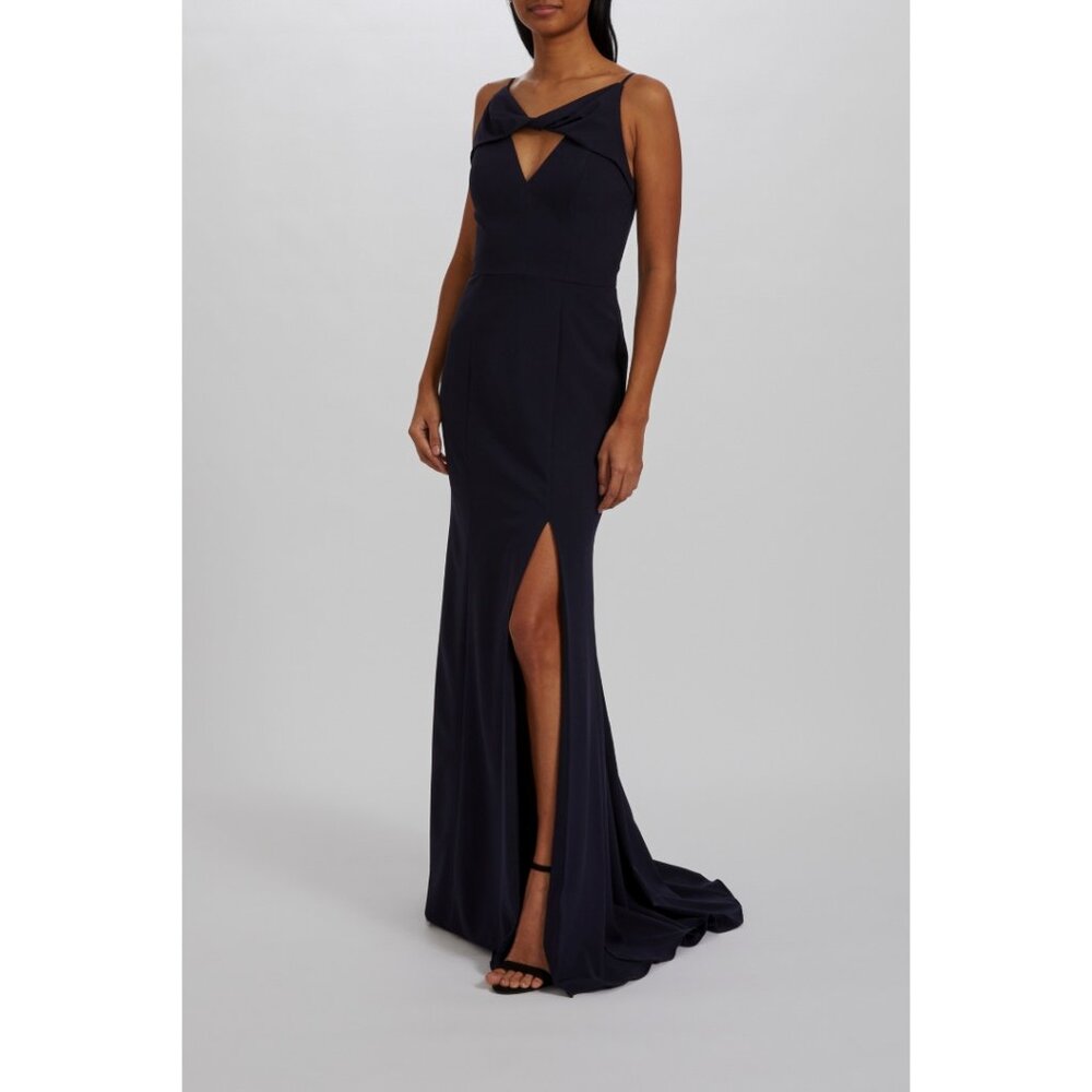 Modern Twist Front Navy Crepe Floor Length Formal Gown with slit Amsale Dallas - Picture 7 of 11